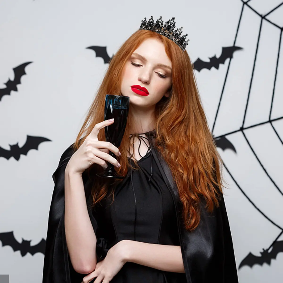 CAVETEE Gothic Crown Headpiece - Black Baroque Tiara with Vintage Rhinestones - Halloween & Bridal Occasions - view 3