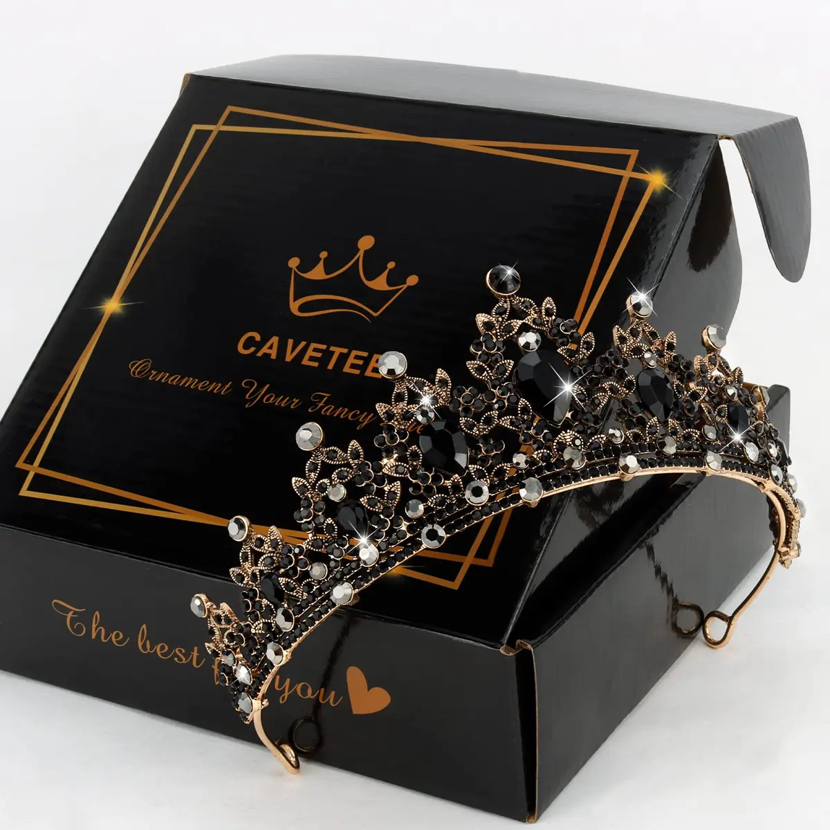 CAVETEE Gothic Crown Headpiece - Black Baroque Tiara with Vintage Rhinestones - Halloween & Bridal Occasions - view 4