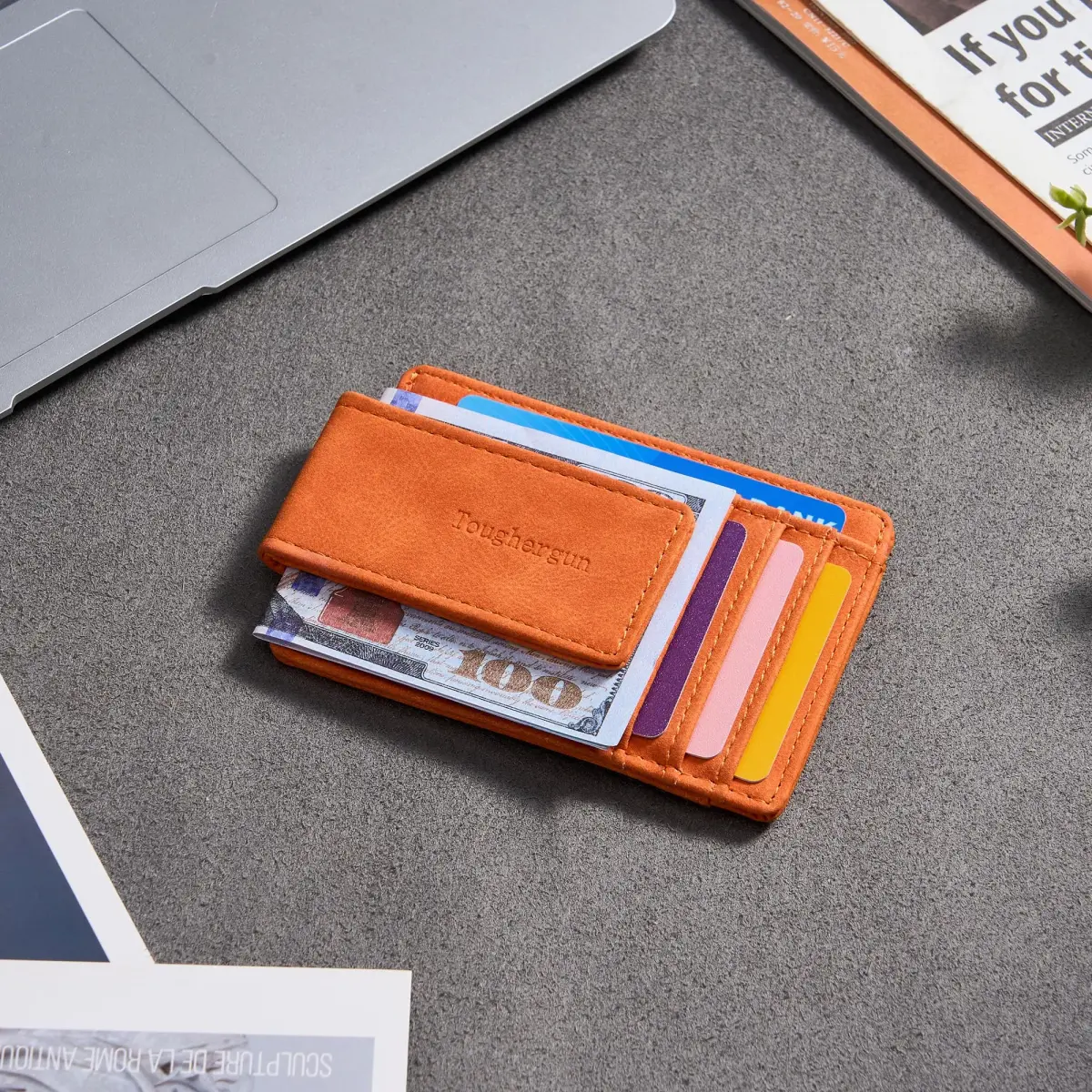 Toughergun Slim Wallet for Men RFID Blocking Money Clip, Minimalist Front Pocket Credit Card Holder, Magnetic Thin Mens Wallets with ID Window (Orange) - view 3