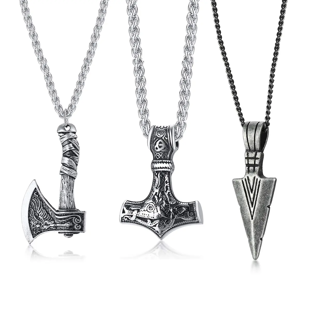 VNOX 3 Pcs Norse Viking Necklace for Men Thors Hammer & Viking Amulet | Durable Stainless Steel, 24 Inch Chains - main product image