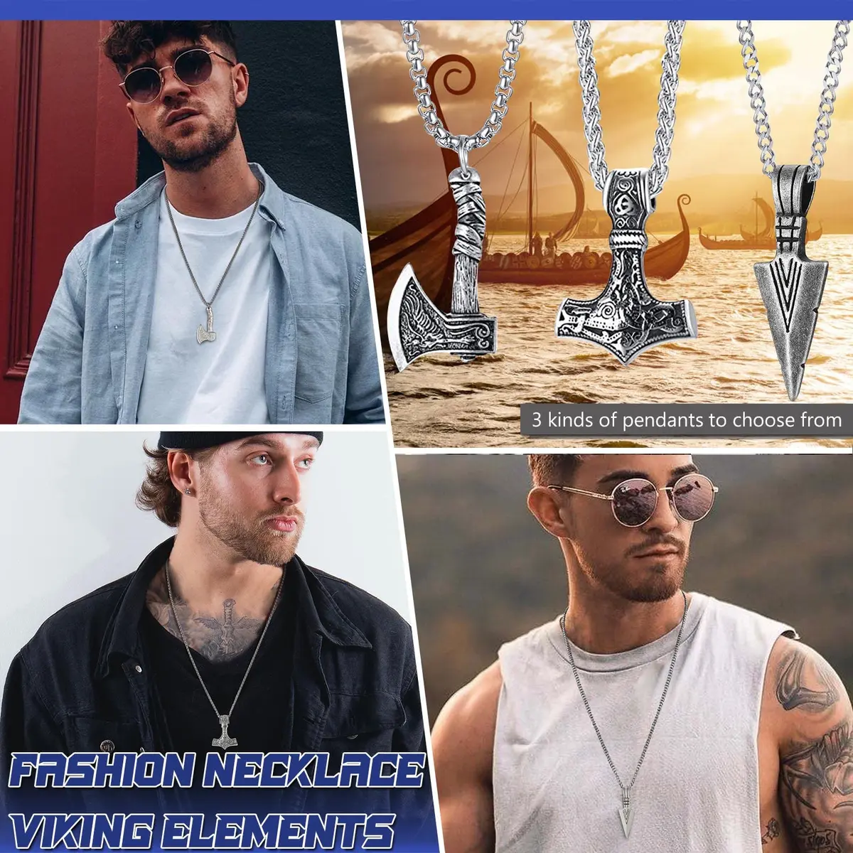 VNOX 3 Pcs Norse Viking Necklace for Men Thors Hammer & Viking Amulet | Durable Stainless Steel, 24 Inch Chains - view 2