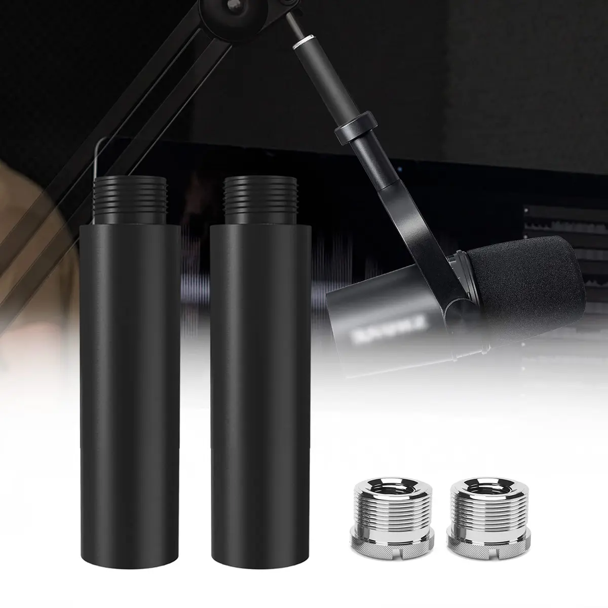 Boseen 2-Pack Mic Stand Extension Tube with 5/8" Male to 3/8" Female Adapter | Extends Reach for Podcasting & Recording - main product image