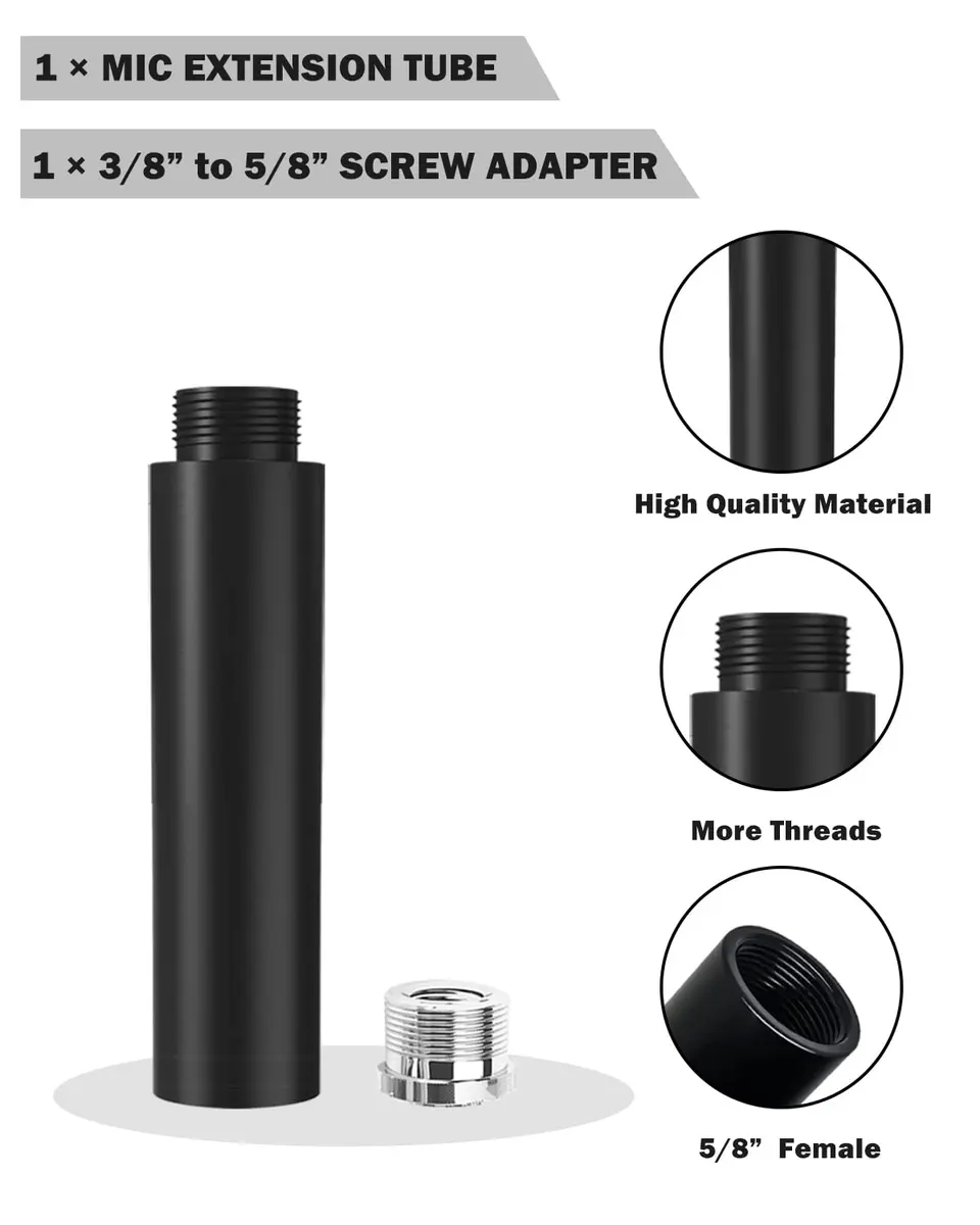Boseen Mic Stand Extension Tube with Adapter | 5/8" Male to 5/8" Female & 3/8" Female | Black Aluminum Alloy - view 2