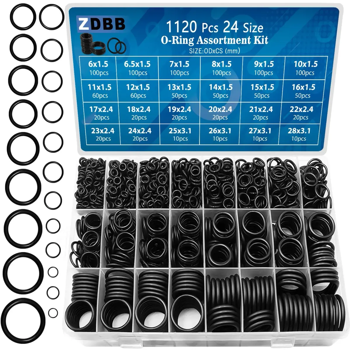 ZDBB Black Rubber O Ring Set 1120 Pcs | Assorted Metric Sealing Washers for Plumbing and Auto Repair - main product image