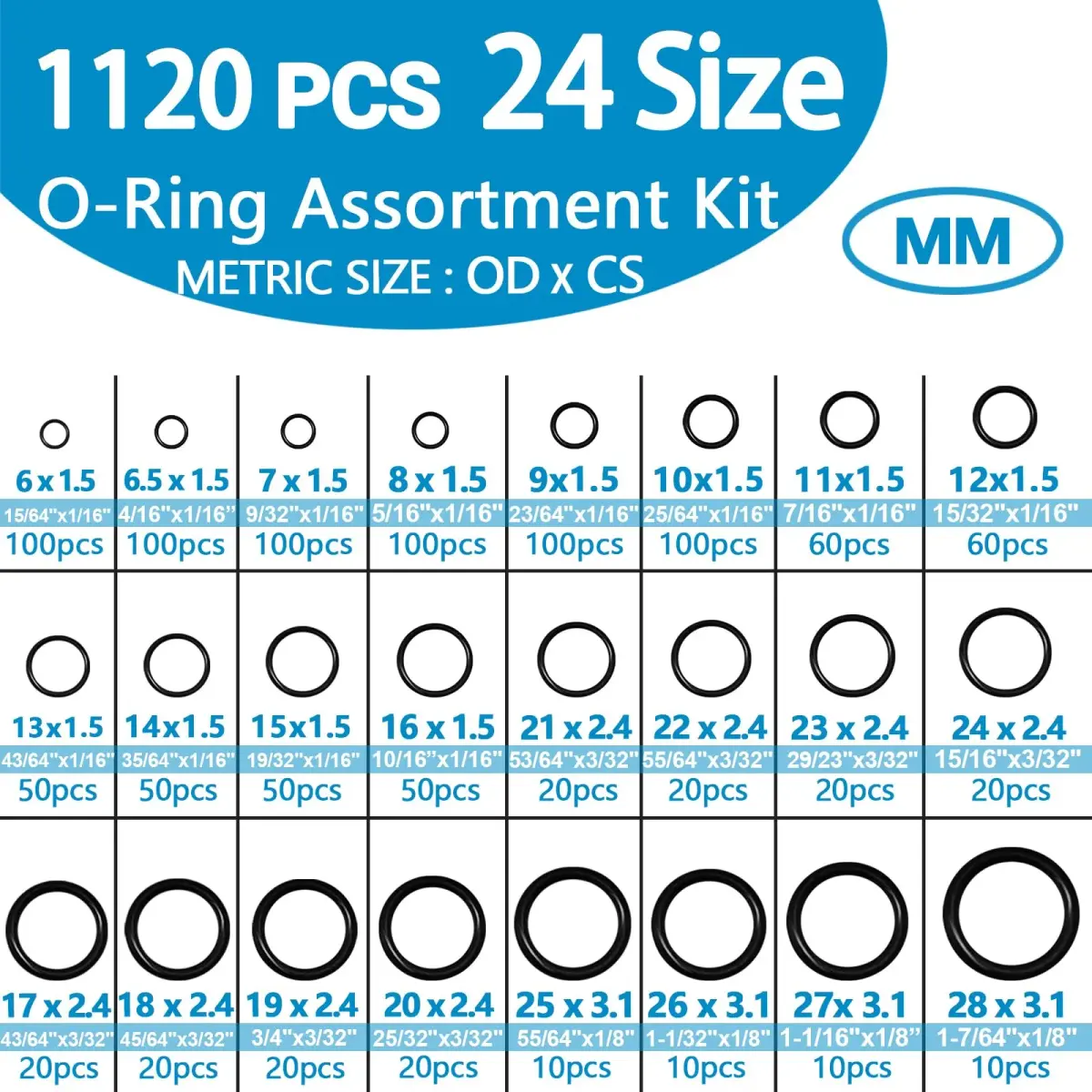 ZDBB Black Rubber O Ring Set 1120 Pcs | Assorted Metric Sealing Washers for Plumbing and Auto Repair - view 2