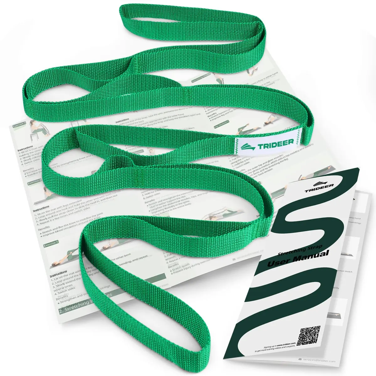 Trideer Stretching Strap with Loops & Leg Lifter | Non-Elastic PT-Style Physical Therapy Strap for Knee Rehab, Yoga & Mobility (75 inch, Green) - main product image