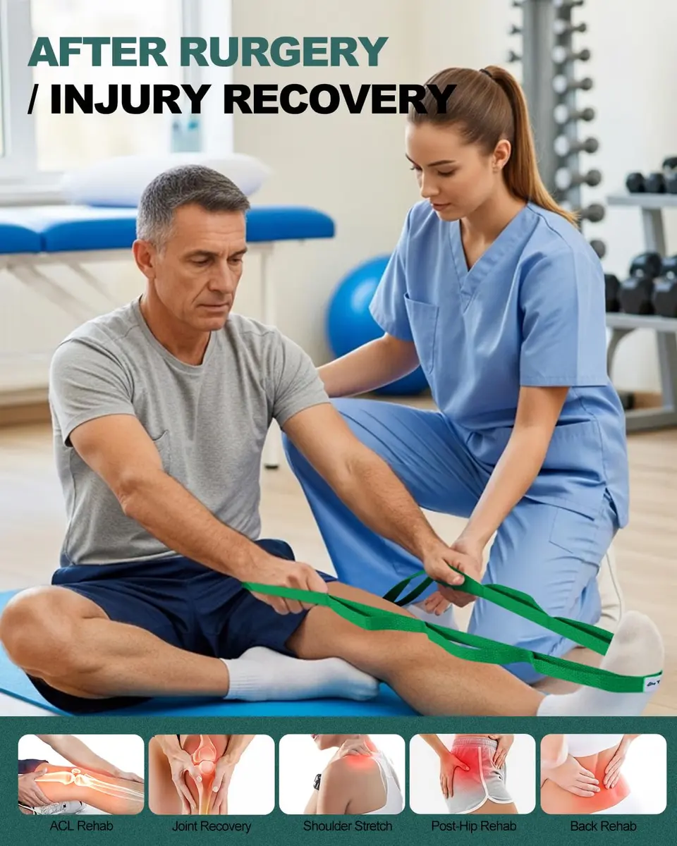 Trideer Stretching Strap with Loops & Leg Lifter | Non-Elastic PT-Style Physical Therapy Strap for Knee Rehab, Yoga & Mobility (75 inch, Green) - view 3