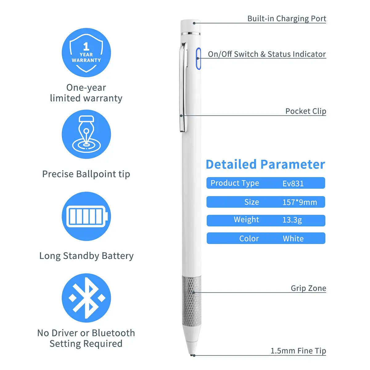 Minilabo Stylus for Lenovo Chromebook Duet 3/5/11 | Ultra Fine Tip Active Digital Pen, White - view 2
