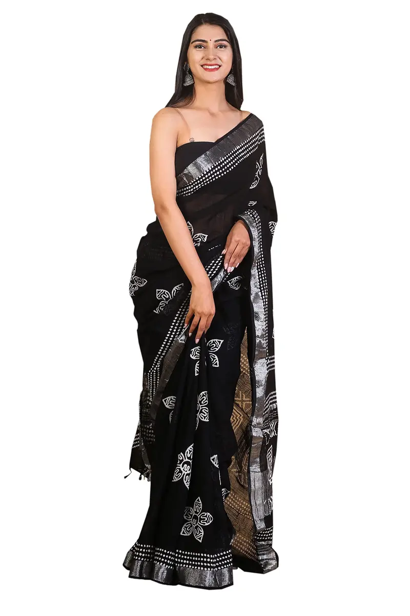 Pallo Latke Hand Block Kalamkari Saree with Blouse Piece - Black & White Cotton Linen (650 cm) - main product image