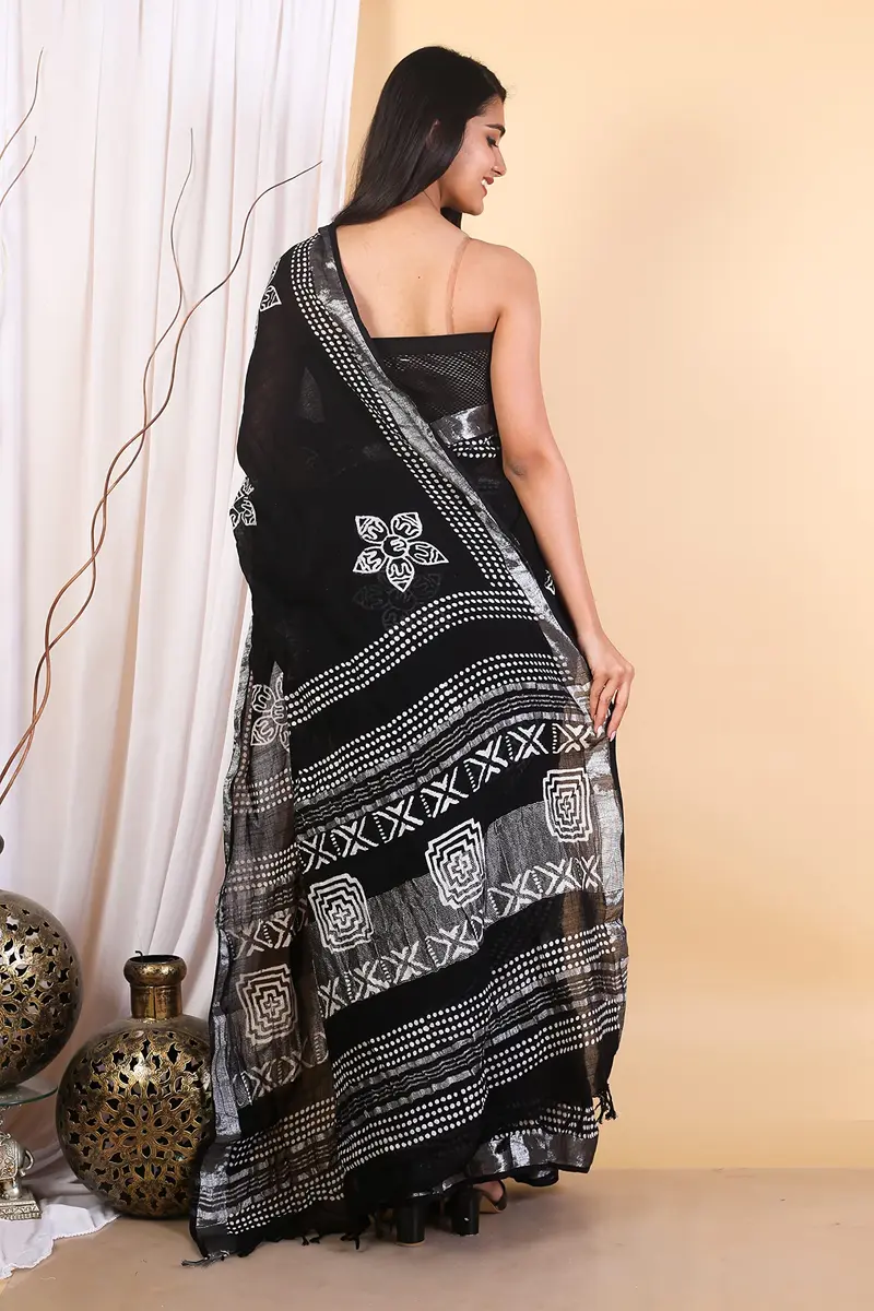 Pallo Latke Hand Block Kalamkari Saree with Blouse Piece - Black & White Cotton Linen (650 cm) - view 6