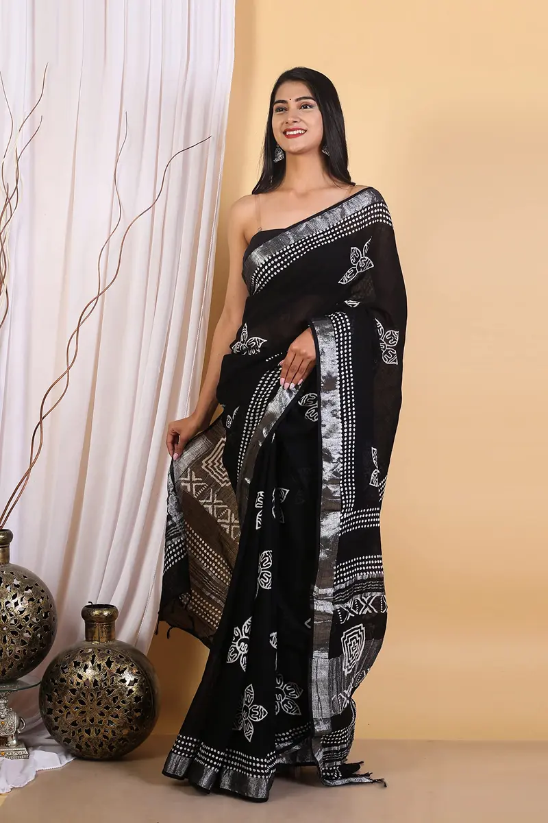 Pallo Latke Hand Block Kalamkari Saree with Blouse Piece - Black & White Cotton Linen (650 cm) - view 4