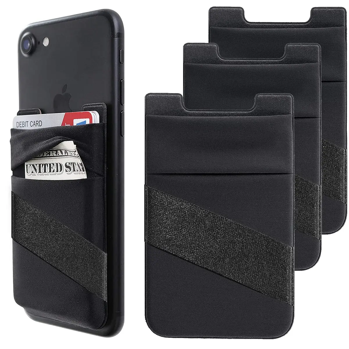 Hoblaze Stretchy Phone Wallet Card Holder with Finger Strap - Black 2-in-1 | Holds 5-8 Cards - main product image