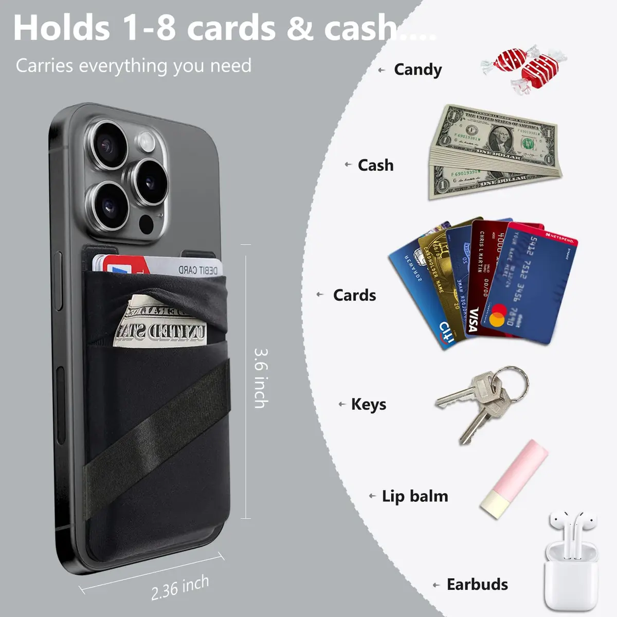 Hoblaze Stretchy Phone Wallet Card Holder with Finger Strap - Black 2-in-1 | Holds 5-8 Cards - view 5