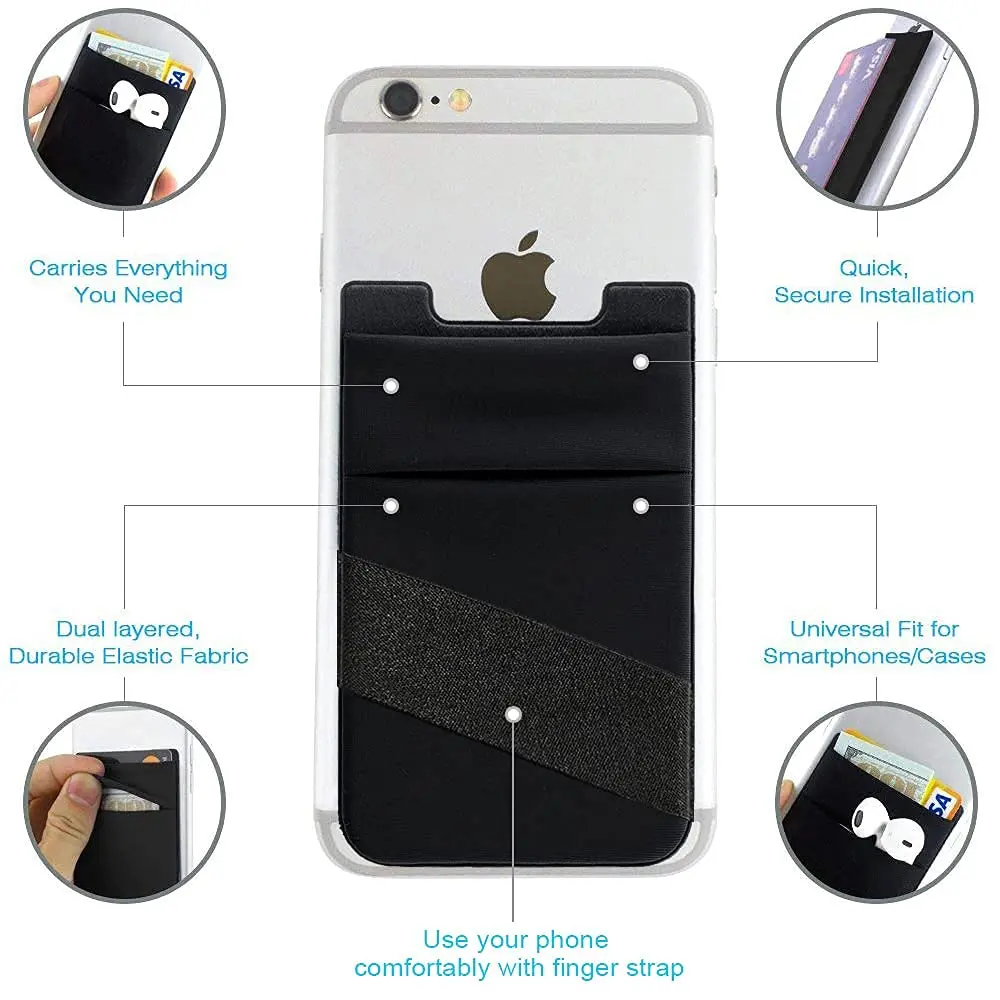 Hoblaze Stretchy Phone Wallet Card Holder with Finger Strap - Black 2-in-1 | Holds 5-8 Cards - view 7