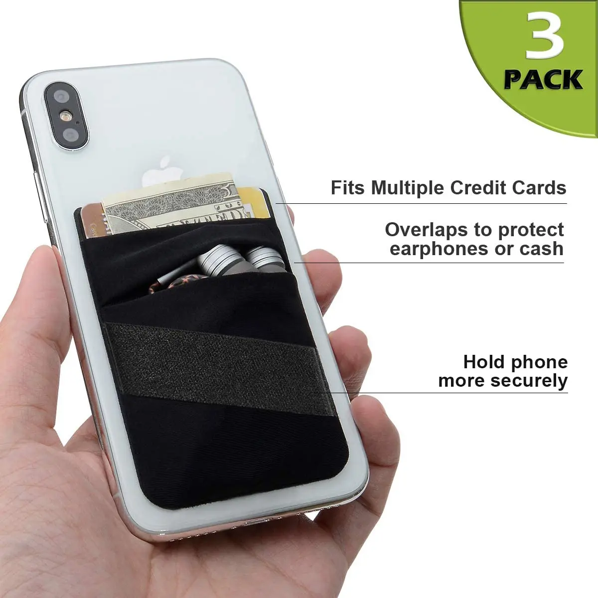Hoblaze Stretchy Phone Wallet Card Holder with Finger Strap - Black 2-in-1 | Holds 5-8 Cards - view 2