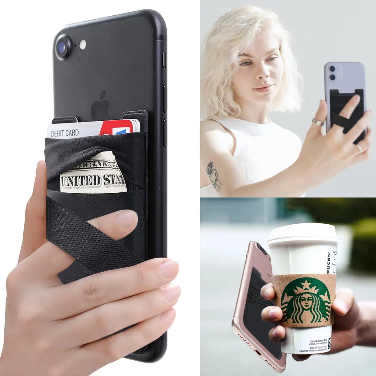 Hoblaze Stretchy Phone Wallet Card Holder with Finger Strap - Black 2-in-1 | Holds 5-8 Cards - view 3