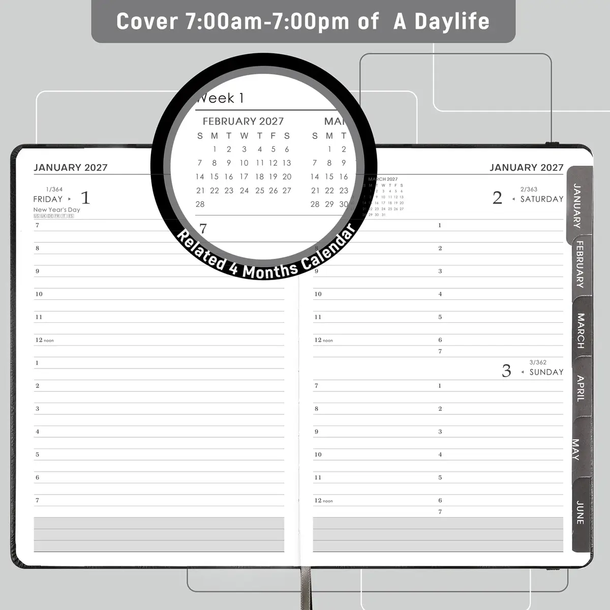 Feteulo 2027 Appointment Book & Planner - Jan-Dec 2027 | Daily Hourly Schedule, Faux Leather Cover, Premium Paper, Pen Holder, Inner Pocket - view 3