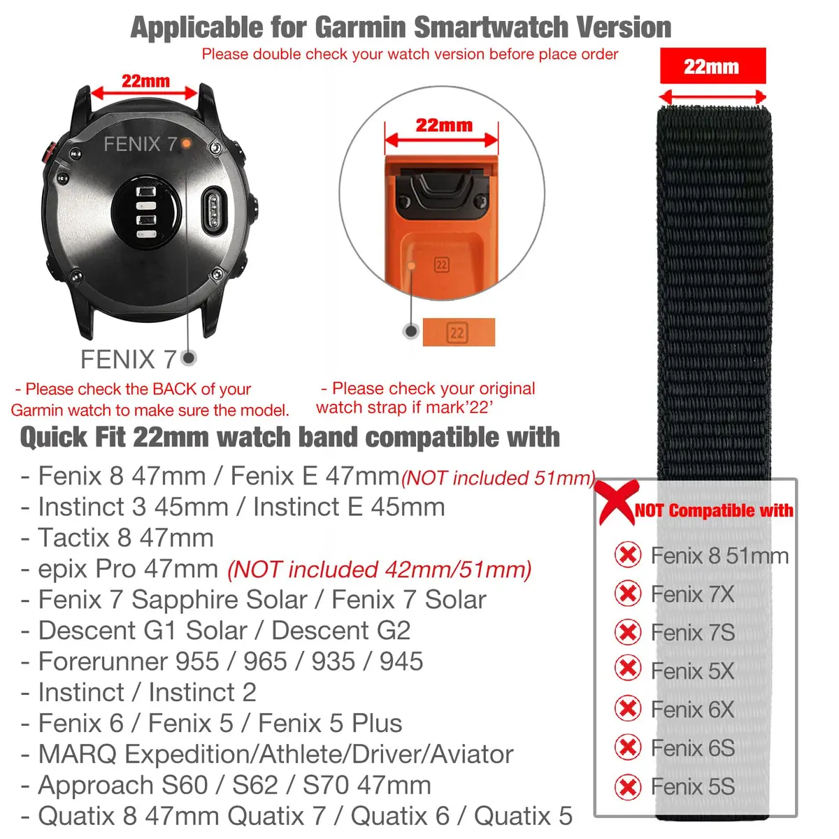 Abanen Woven Nylon Watch Band for Garmin Fenix 8 47mm/ Instinct 3 45mm (22mm, Black) | Quick Release Sport Strap - view 3