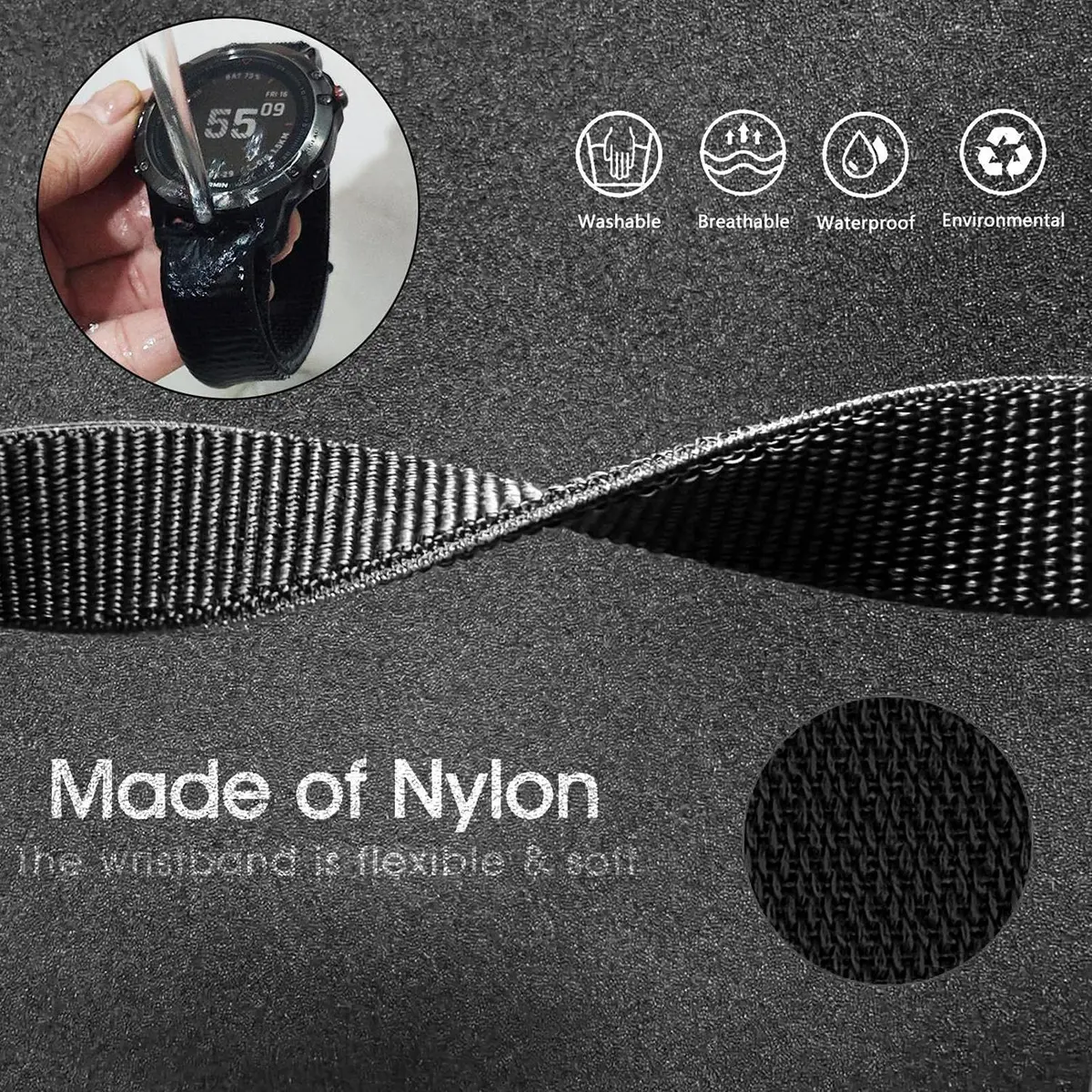 Abanen Woven Nylon Watch Band for Garmin Fenix 8 47mm/ Instinct 3 45mm (22mm, Black) | Quick Release Sport Strap - view 4