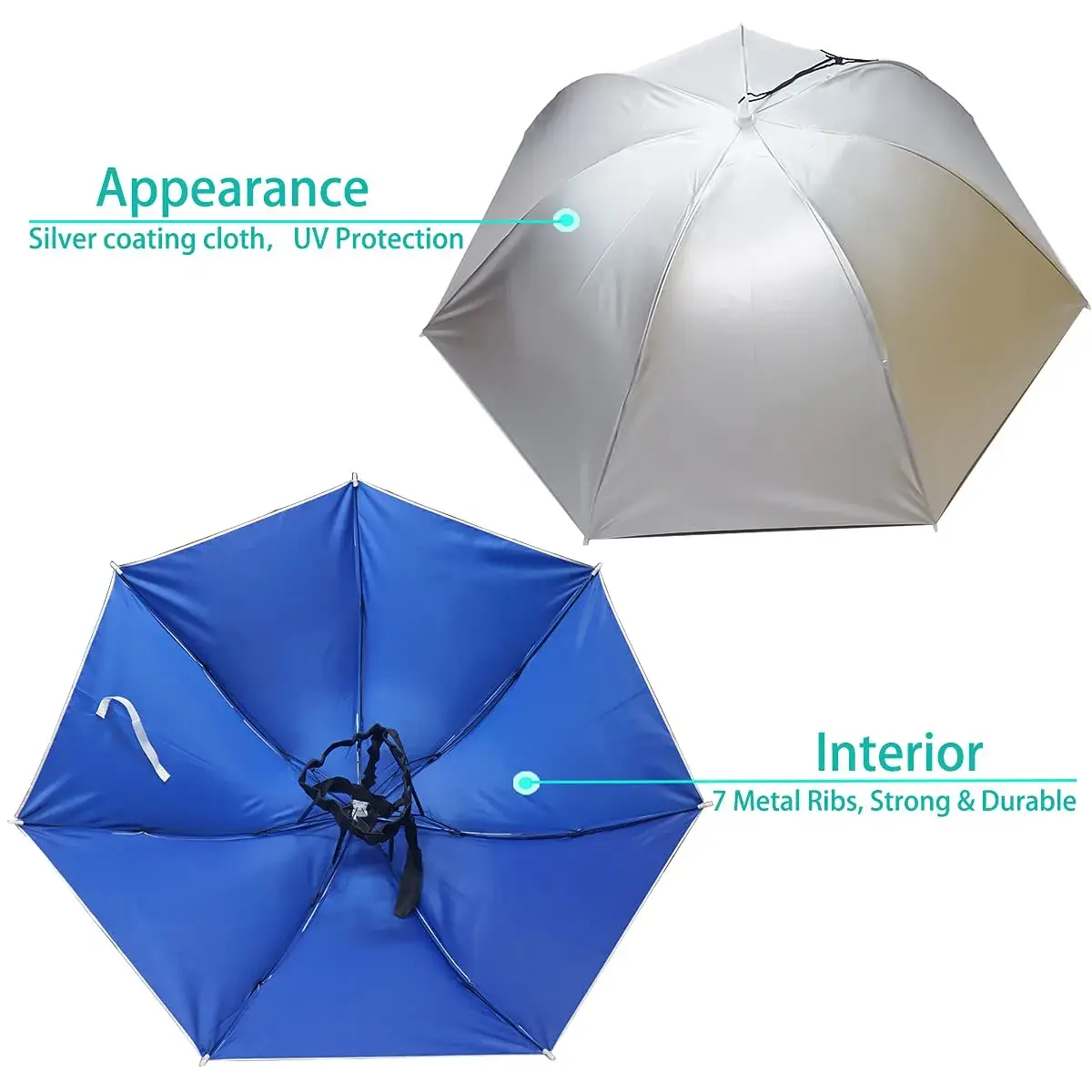 Bocampty Silver-Blue Umbrella Hat, 37 inch Diameter, Hands-Free UV Protection for Fishing & Outdoors - view 2