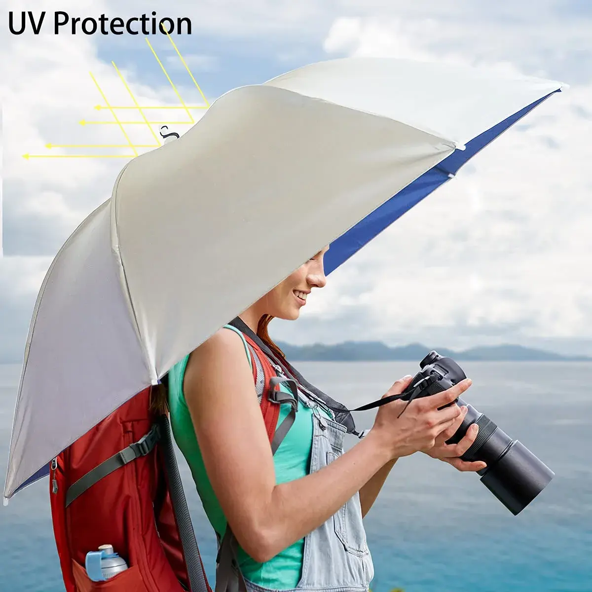 Bocampty Silver-Blue Umbrella Hat, 37 inch Diameter, Hands-Free UV Protection for Fishing & Outdoors - view 3