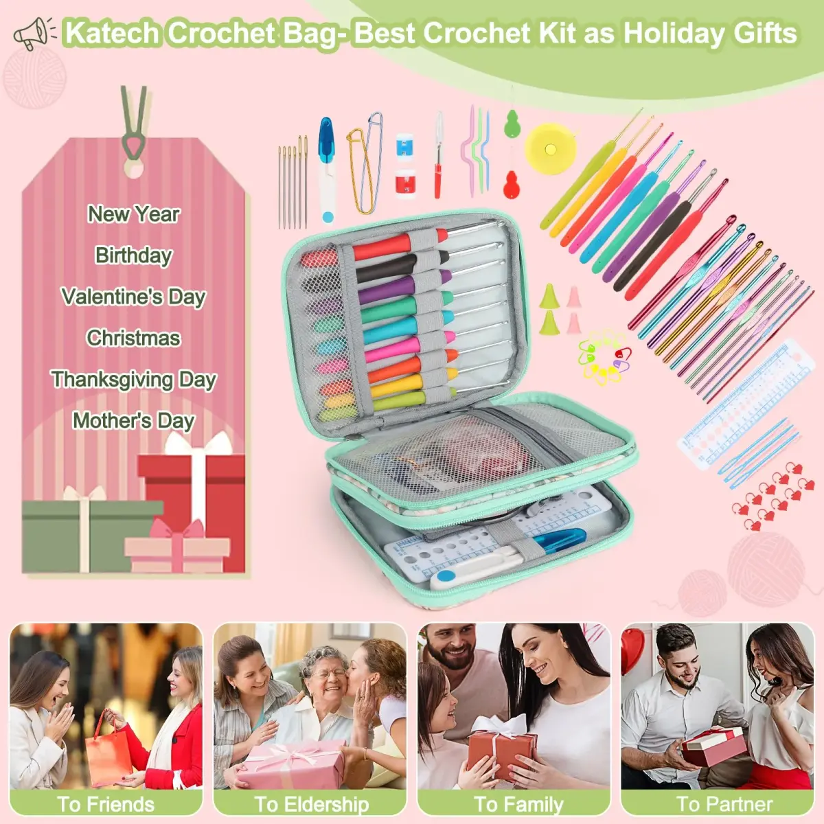 Katech 85 Pcs Crochet Hooks Kit with Case | Ergonomic Colorful Aluminum Alloy Needles for Sweater, Bag, Hat (Green) - view 8