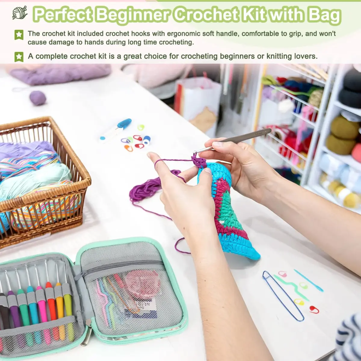 Katech 85 Pcs Crochet Hooks Kit with Case | Ergonomic Colorful Aluminum Alloy Needles for Sweater, Bag, Hat (Green) - view 9
