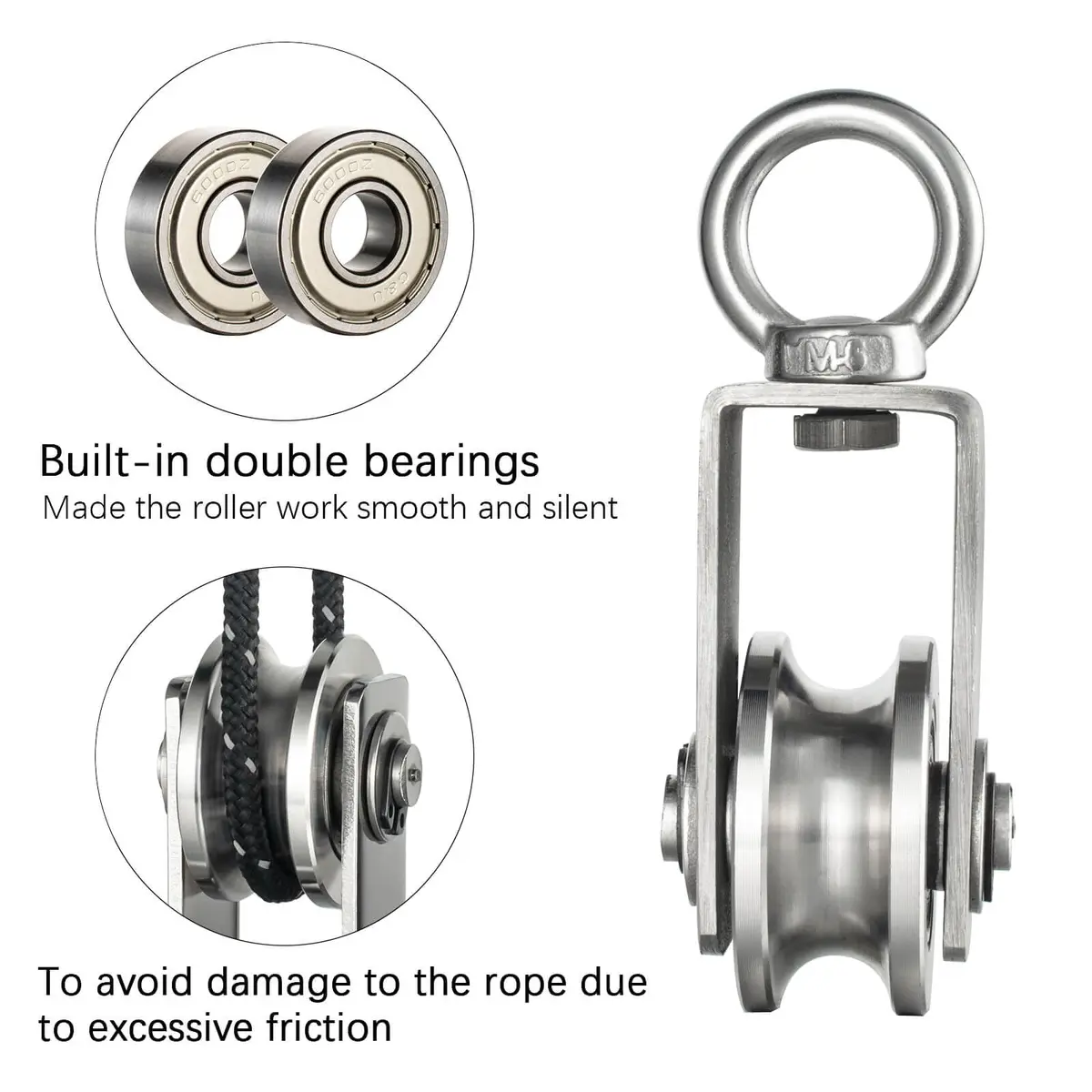 SHINICO Swivel Pulley Wheel Stainless Steel with 2 Bearings, 250kg (551lb) Load Capacity | Rope Pulley for Gym, Clothesline, Systems - view 4