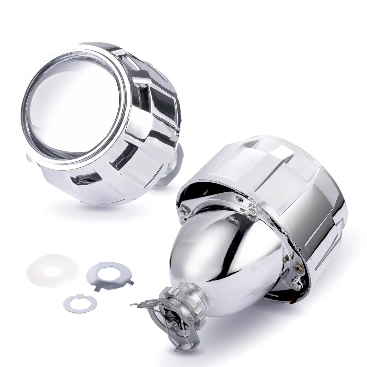 YUFANYA 2.5Inch Mini Projector Lens with Silver Shrouds | High/Low Beam Fit for H1 H4 H7 Car Motorcycle Retrofit - main product image