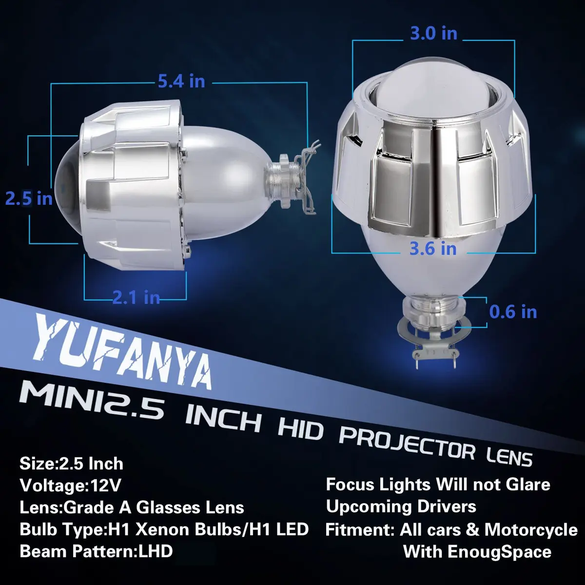YUFANYA 2.5Inch Mini Projector Lens with Silver Shrouds | High/Low Beam Fit for H1 H4 H7 Car Motorcycle Retrofit - view 3