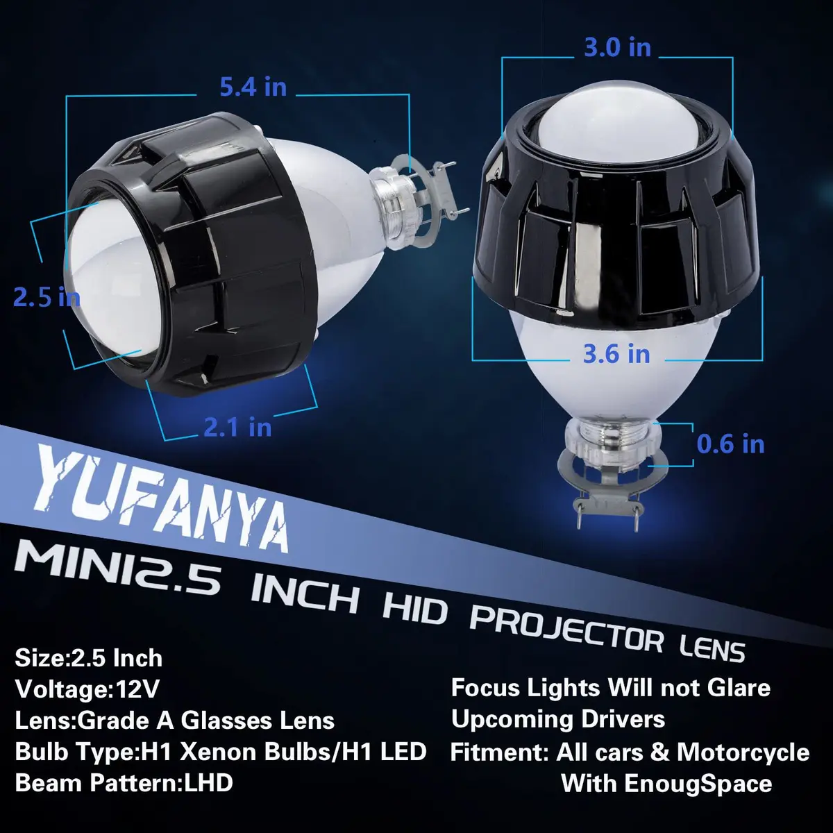 YUFANYA 2.5”Mini Projector Lens LHD with Black Shrouds | High Low Beam Car Retrofit - view 3