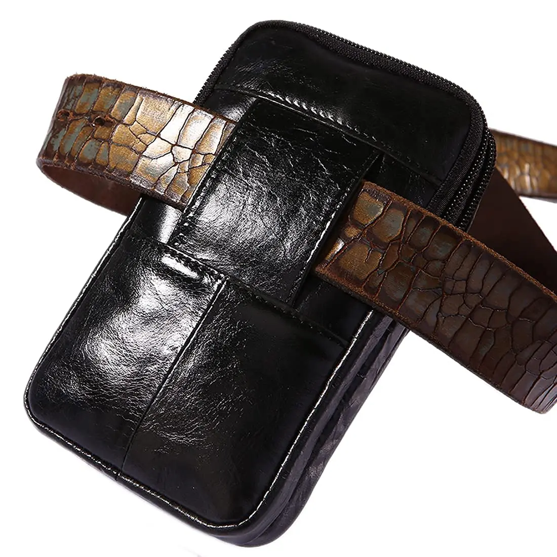 Hebetag Crocodile Leather Phone Belt Bag Waist Pack 10cm x 18cm | Vintage Style for Travel & Outdoor - view 5