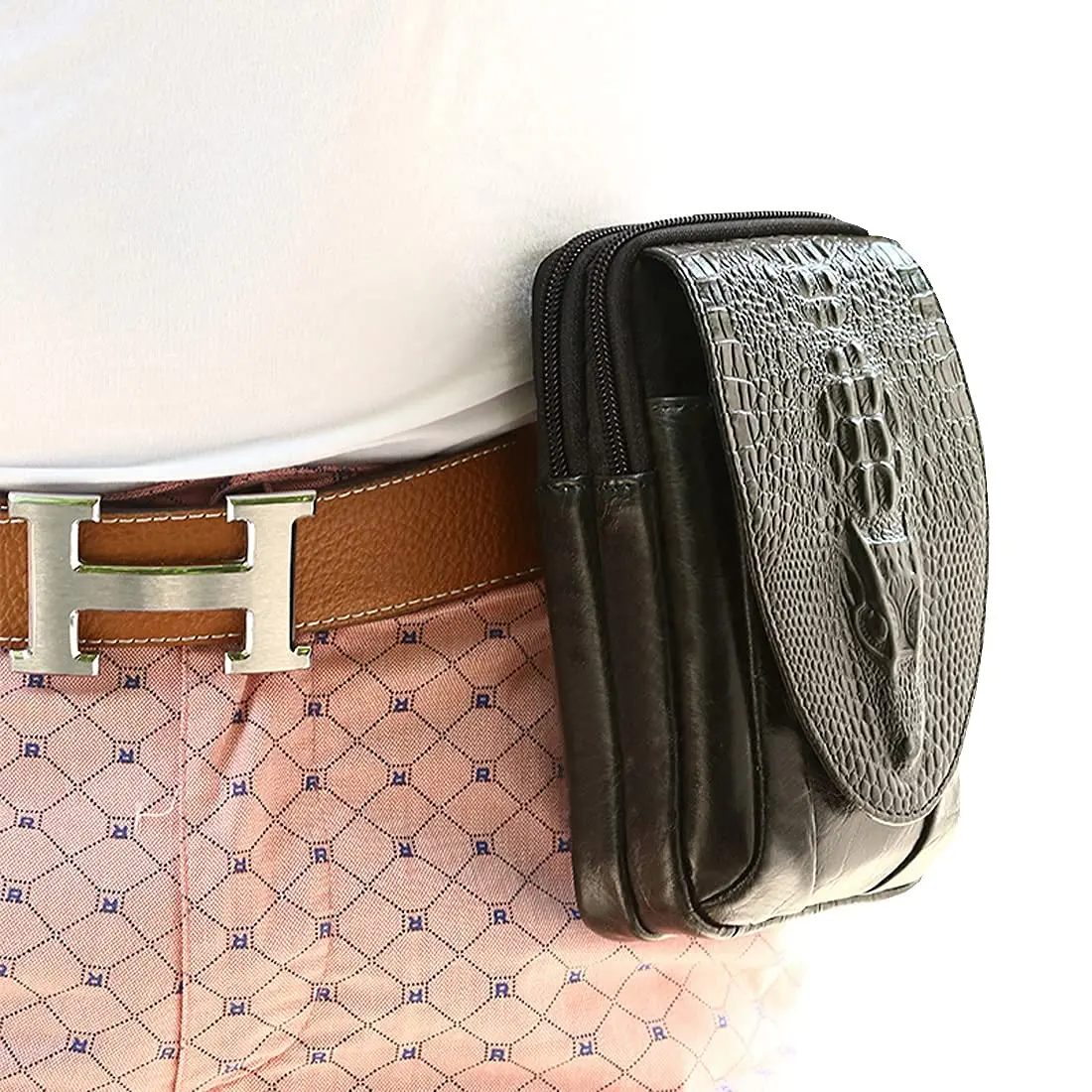 Hebetag Crocodile Leather Phone Belt Bag Waist Pack 10cm x 18cm | Vintage Style for Travel & Outdoor - view 2