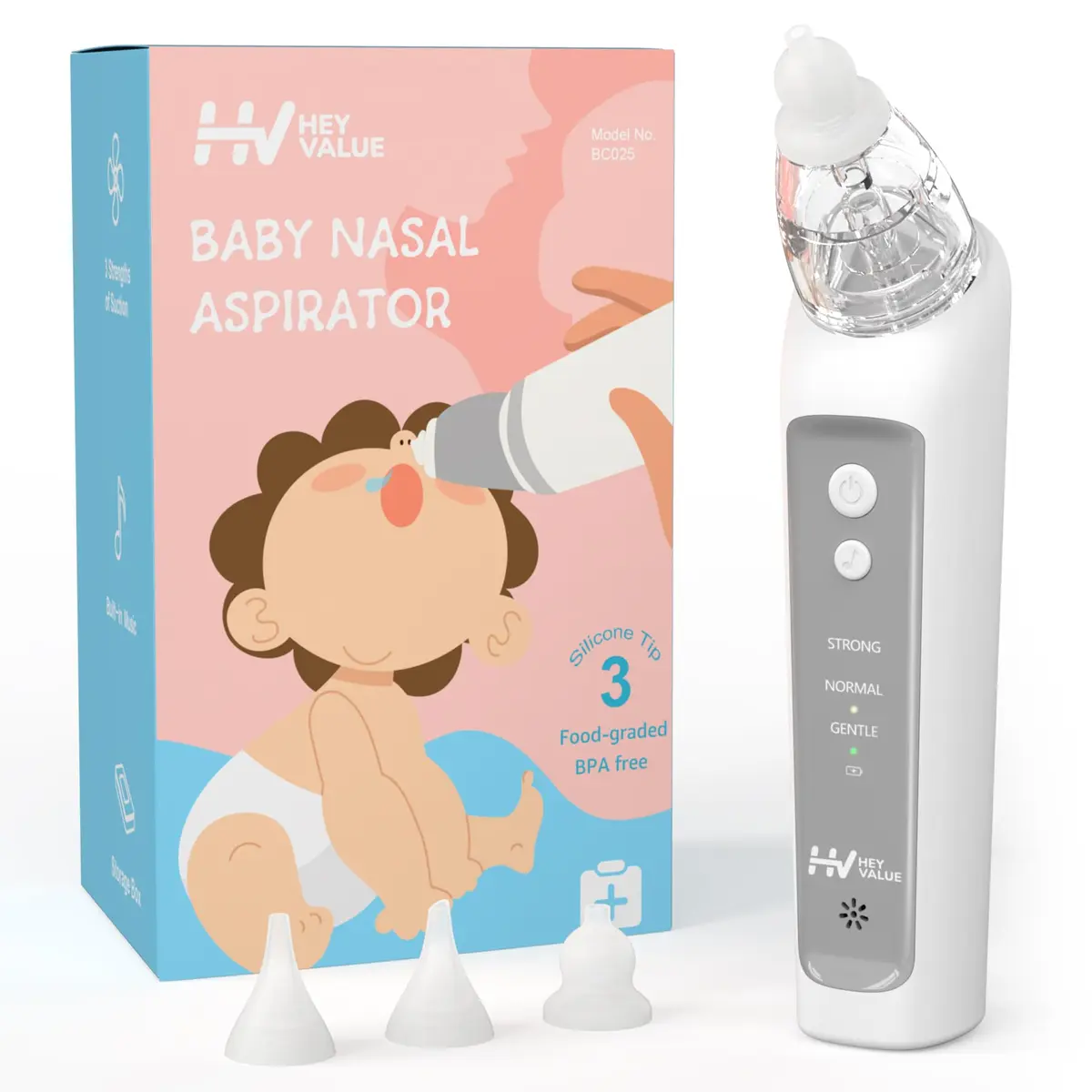 HEYVALUE Electric Baby Nasal Aspirator & Nose Sucker with 3 Silicone Tips | Powerful 3-Level Suction, Rechargeable & Easy to Clean - main product image