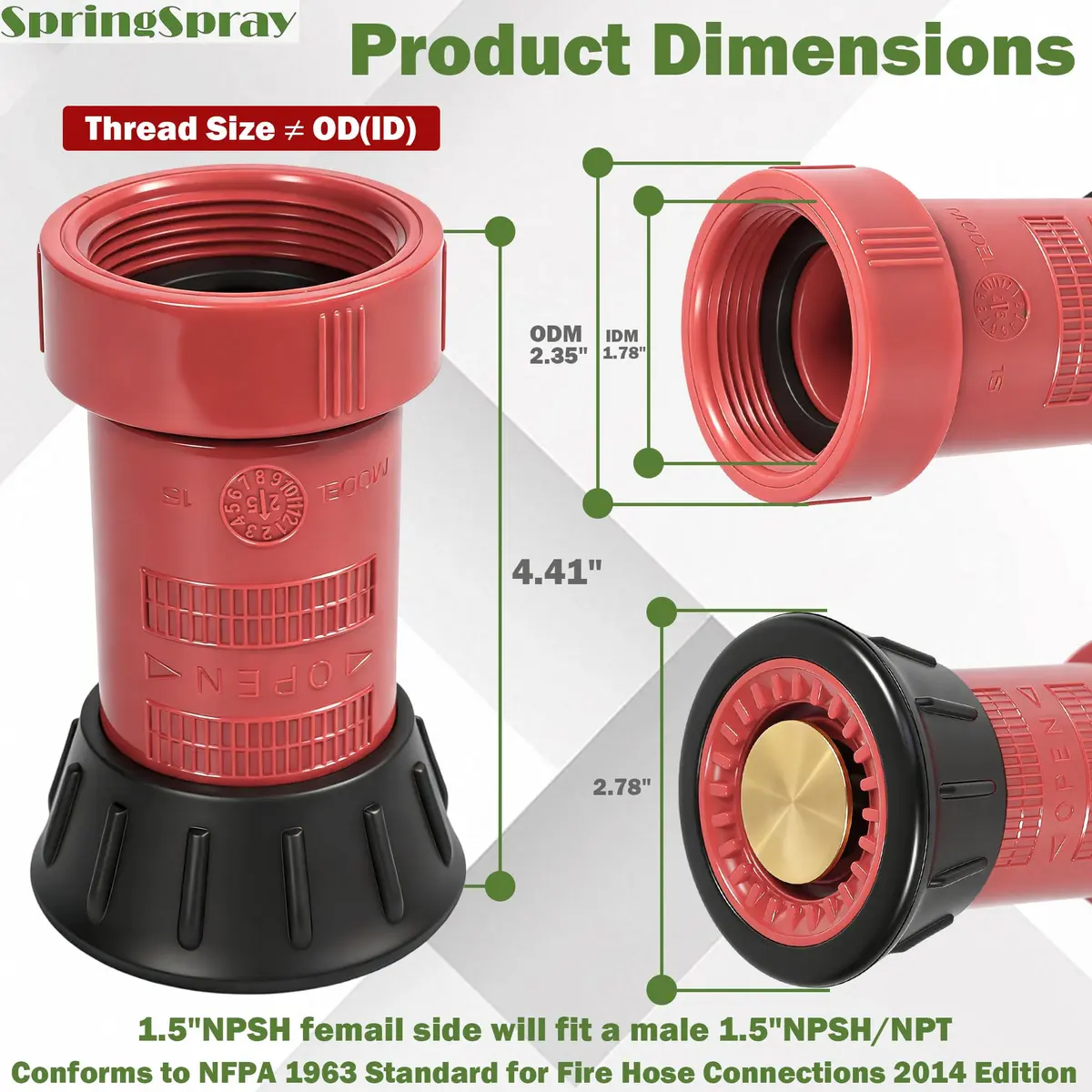 SpringSpray 1-1/2" Fire Hose Nozzle Thermoplastic NPSH/NPT 1.5 Inch Nozzles | Adjustable Water Spray for Firefighting & Industrial Use - view 2