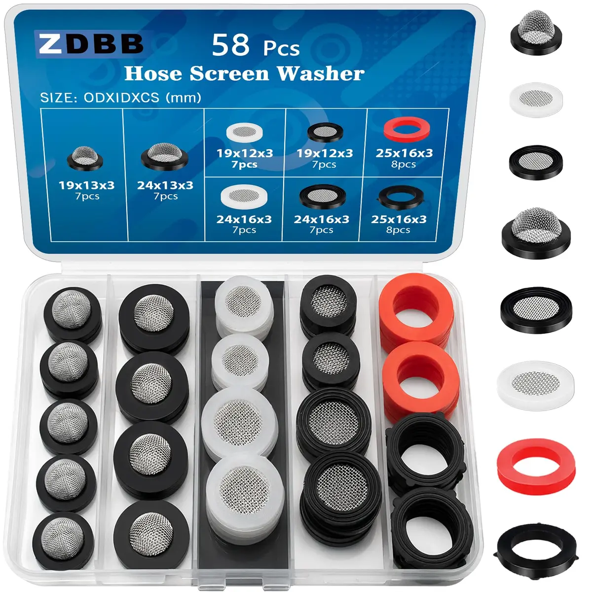 TWCC Shower Head Garden Hose Screen Filter Gasket Kit | 58 PCS Stainless Steel Water Filter Hose Washer for 1/2,3/4 Inch Plumbing & Washing Machine (58 pcs, Black White) - main product image