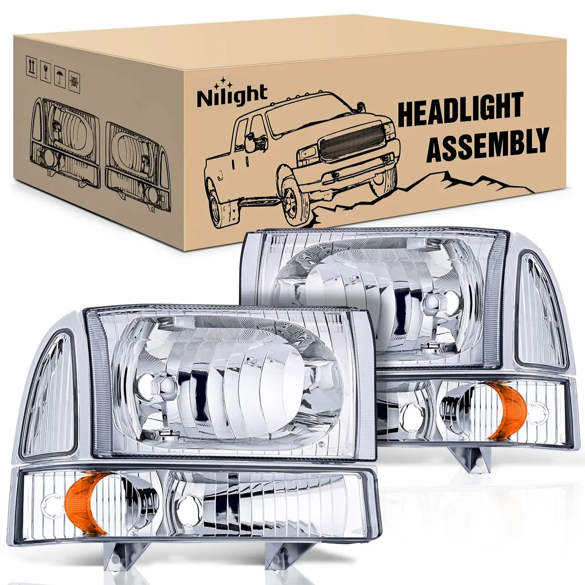 Nilight Vehicle Light Assembly 1999-2004 | Chrome Housing with Amber Corner, Clear Lens, 12V, 20W - main product image