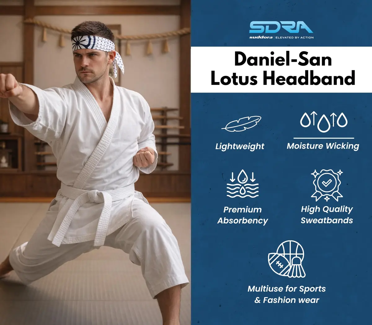 Suddora Daniel-San Lotus Headband Lightweight Breathable Tie Style Athletic Headband for Karate, Running, Cycling, Tennis, Versatile Head Gear for Ninja Costumes, Cosplay, Halloween | Moisture-Wicking & Stylish (70-120 chars) - view 3
