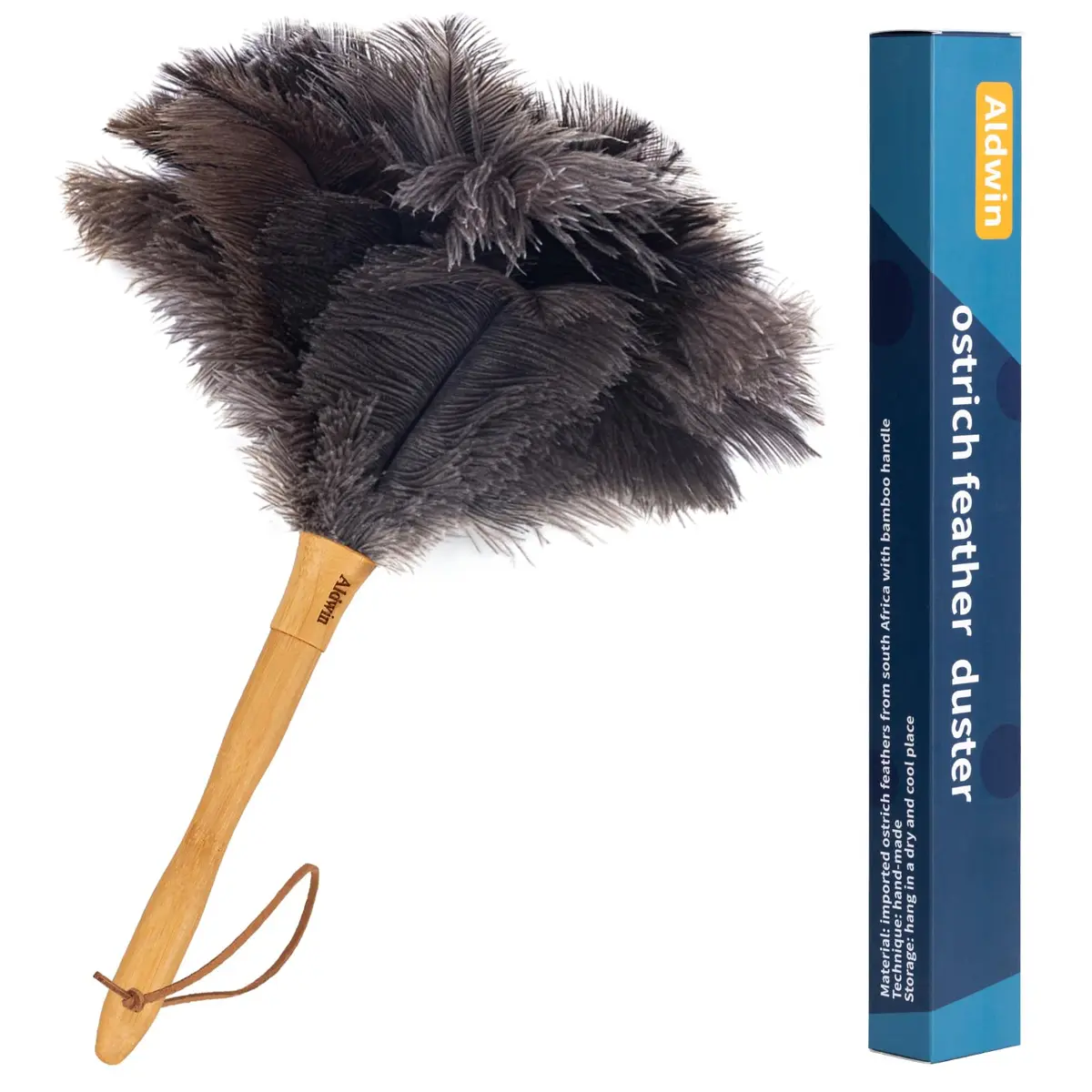 Aldwin Genuine Ostrich Feather Duster with Wood Handle, 41cm (16 inch) | Natural Gray Fluffy Duster for Home & Car - main product image