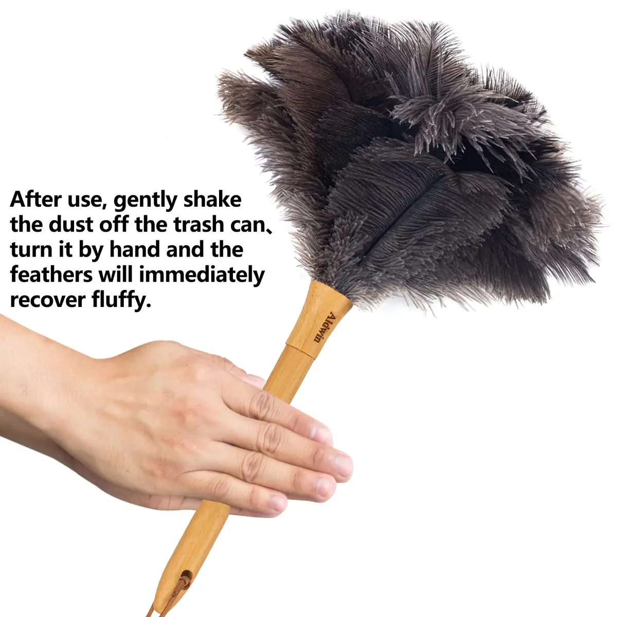 Aldwin Genuine Ostrich Feather Duster with Wood Handle, 41cm (16 inch) | Natural Gray Fluffy Duster for Home & Car - view 5