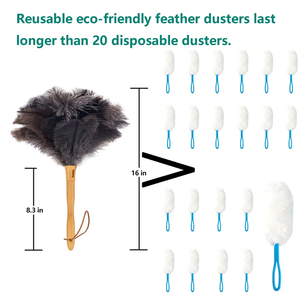 Aldwin Genuine Ostrich Feather Duster with Wood Handle, 41cm (16 inch) | Natural Gray Fluffy Duster for Home & Car - view 2