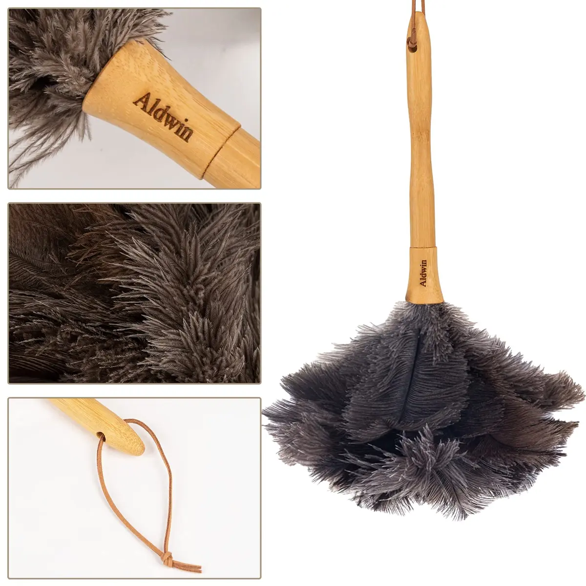 Aldwin Genuine Ostrich Feather Duster with Wood Handle, 41cm (16 inch) | Natural Gray Fluffy Duster for Home & Car - view 3