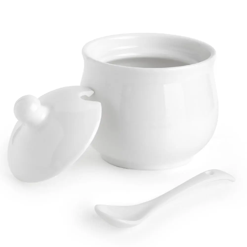 Swetwiny Ceramic Sugar Bowl with Lid and Spoon, 7 Ounces | Classic White Porcelain Kitchen Storage - main product image