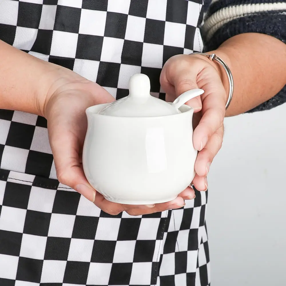 Swetwiny Ceramic Sugar Bowl with Lid and Spoon, 7 Ounces | Classic White Porcelain Kitchen Storage - view 3