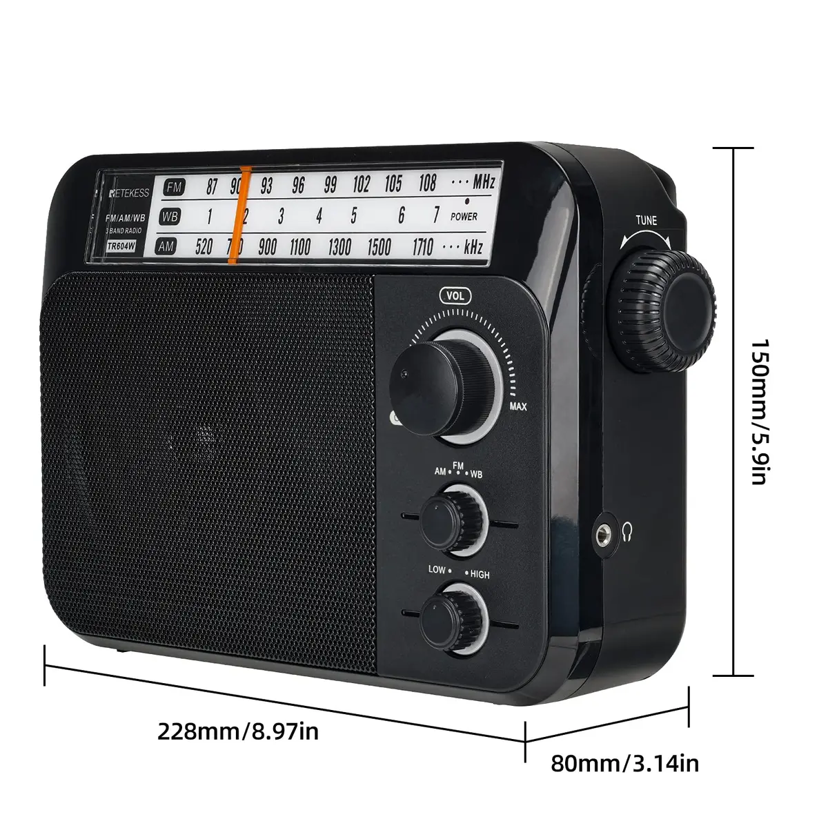 Retekess TR604W AM FM NOAA Radio, Portable Emergency Weather Radios (Black) | 22cm (8.66in) - 746g - view 9