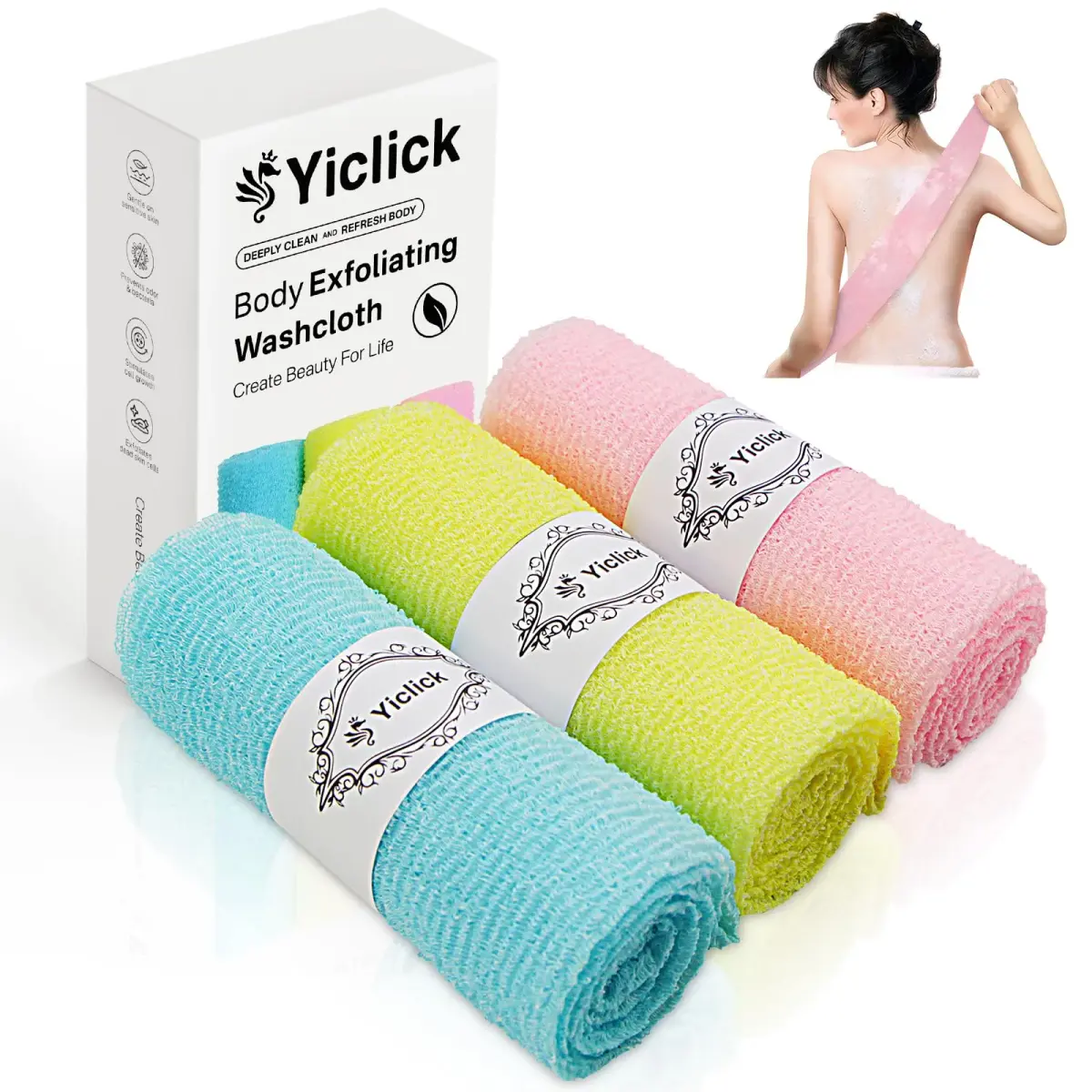 Yiclick Exfoliating Washcloth Towel 3-Pack | Back Scrubber for Shower Bath Washer - main product image