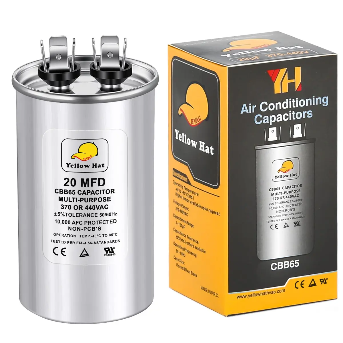 HVAC YELLOW HAT 20 MFD 20uF ±5% 440V Round Motor Run Capacitor | CBB65 AC Unit Fan Motor Start Capacitor - main product image
