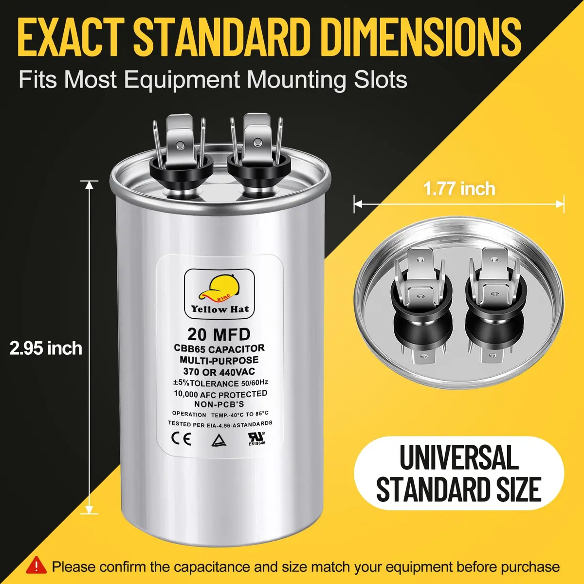 HVAC YELLOW HAT 20 MFD 20uF ±5% 440V Round Motor Run Capacitor | CBB65 AC Unit Fan Motor Start Capacitor - view 2
