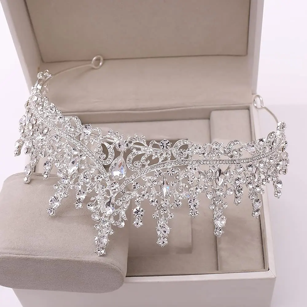 TOBATOBA Silver Wedding Crystal Tiara and Crown for Women | 7.04 cm (2.76 in) Height, 14.48 cm (5.70 in) Diameter - view 8