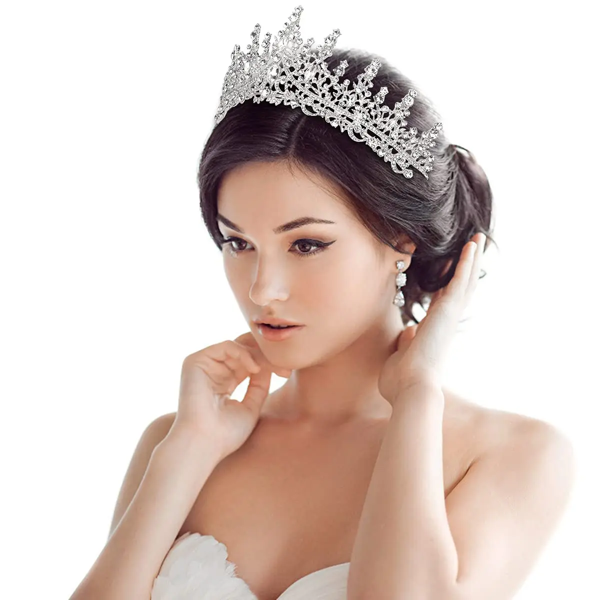TOBATOBA Silver Wedding Crystal Tiara and Crown for Women | 7.04 cm (2.76 in) Height, 14.48 cm (5.70 in) Diameter - view 3